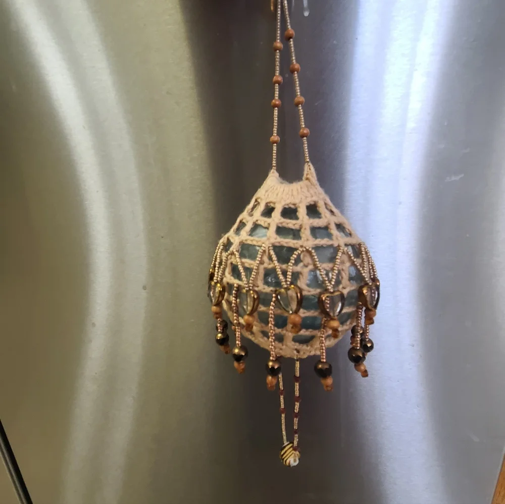 Handcrafted Beaded Glass Fishing Float Hanging Ornament With Macrame
